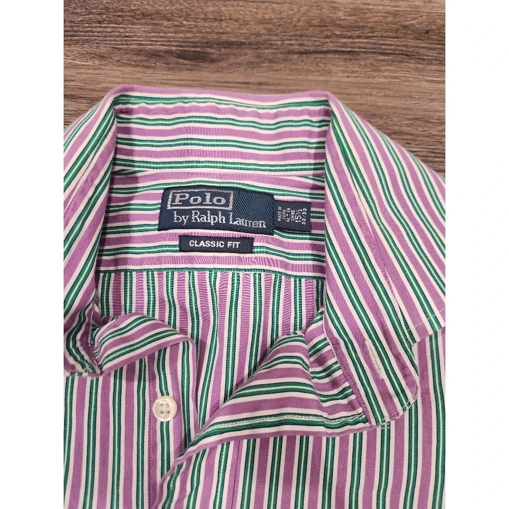 Polo Ralph Lauren Striped‎ Classic Fit Button Down Shirt Purple Green 15 1/2